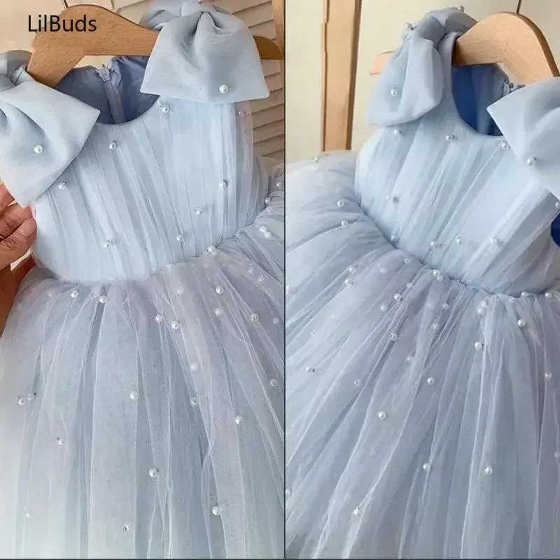 2024 Kids Pink Beading Tulle Ball Gown Party Princess Flower Girls Dress For Wedding Vestidos Largo Children Ceremonial Dresses