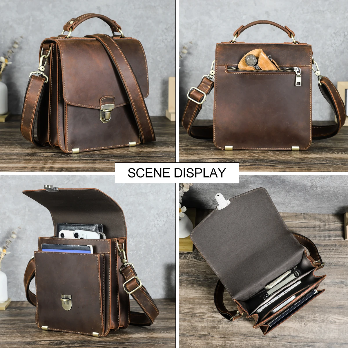 CONTACT'S Genuine Leather Sling Shoulder Bags Crazy Horse Leather Tote Handbags Male Flap Crossbody Messenger Bags Men's Bags