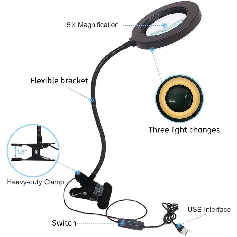 5X LEDs Clip on Desk Lamp 360 Flexible Gooseneck Reading Table Light Eye-Caring USB Nail Beauty Light Adjustable 3 Level