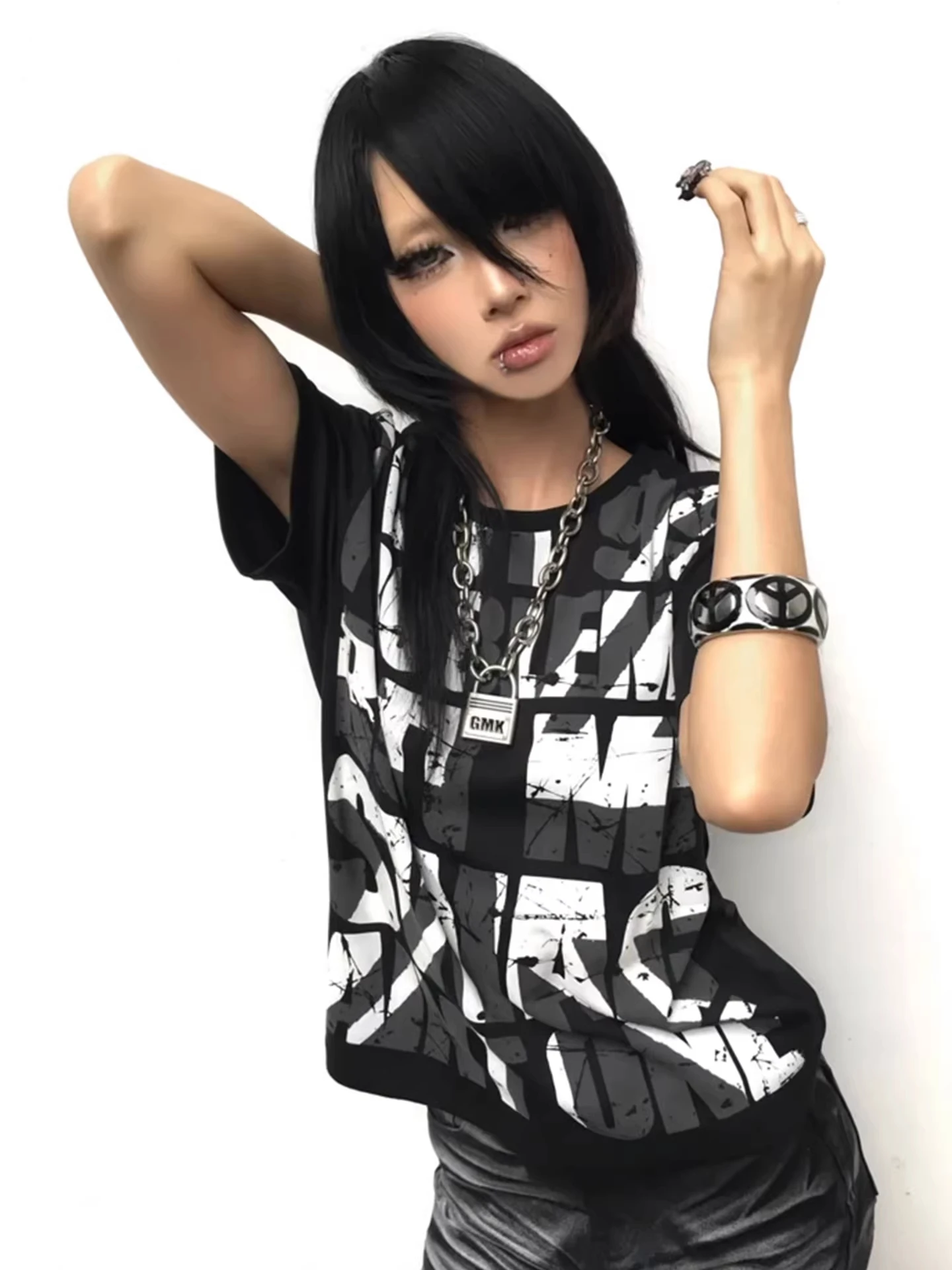 Slim Fit Short Sleeve T-Shirt Women's Summer Street Style Punk Culture Visual Short Top Shoulder Width Regular Length round Neck