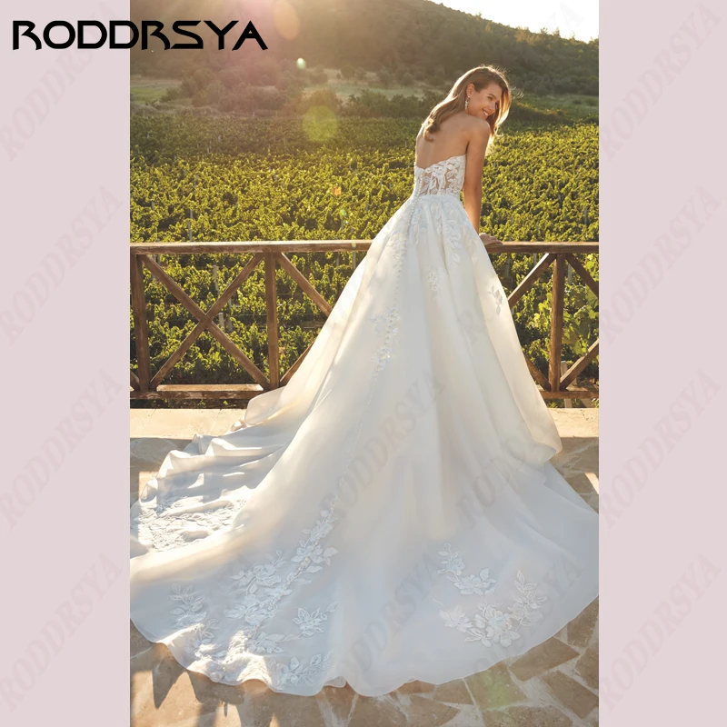 RODDRSYA-vestidos De novia bohemios sin tirantes, vestidos De novia De línea A, sin mangas, con botones y Espalda descubierta, apliques De tul Civil-vestidos De novia bohemios sin tirantes, vestidos De novia De línea A