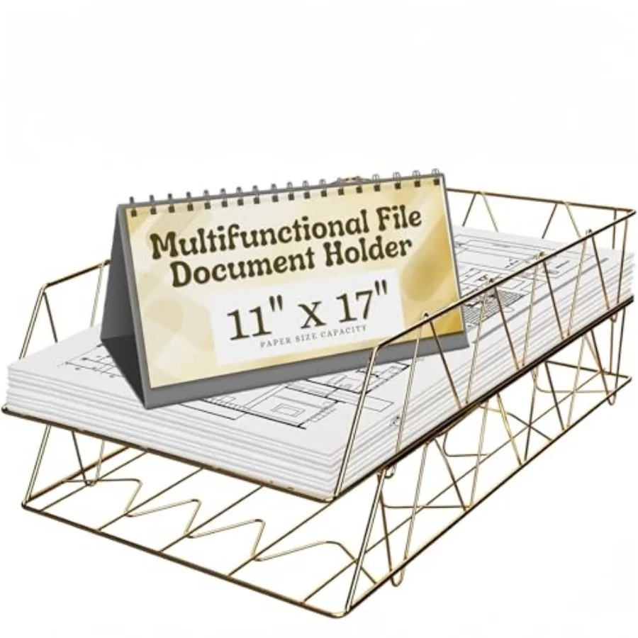 

Металлический органайзер для бумаг 11x17 дюймов, 2-уровневый, штабелируемый, для офиса и дома, золотистый лоток для документов и почты