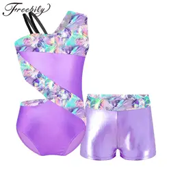 Kids Sleeveless Asymmetrical Straps Gymnastics Leotard with Shorts Skating Jumpsuit for Girl Teens Children Ballet Dance Outfits