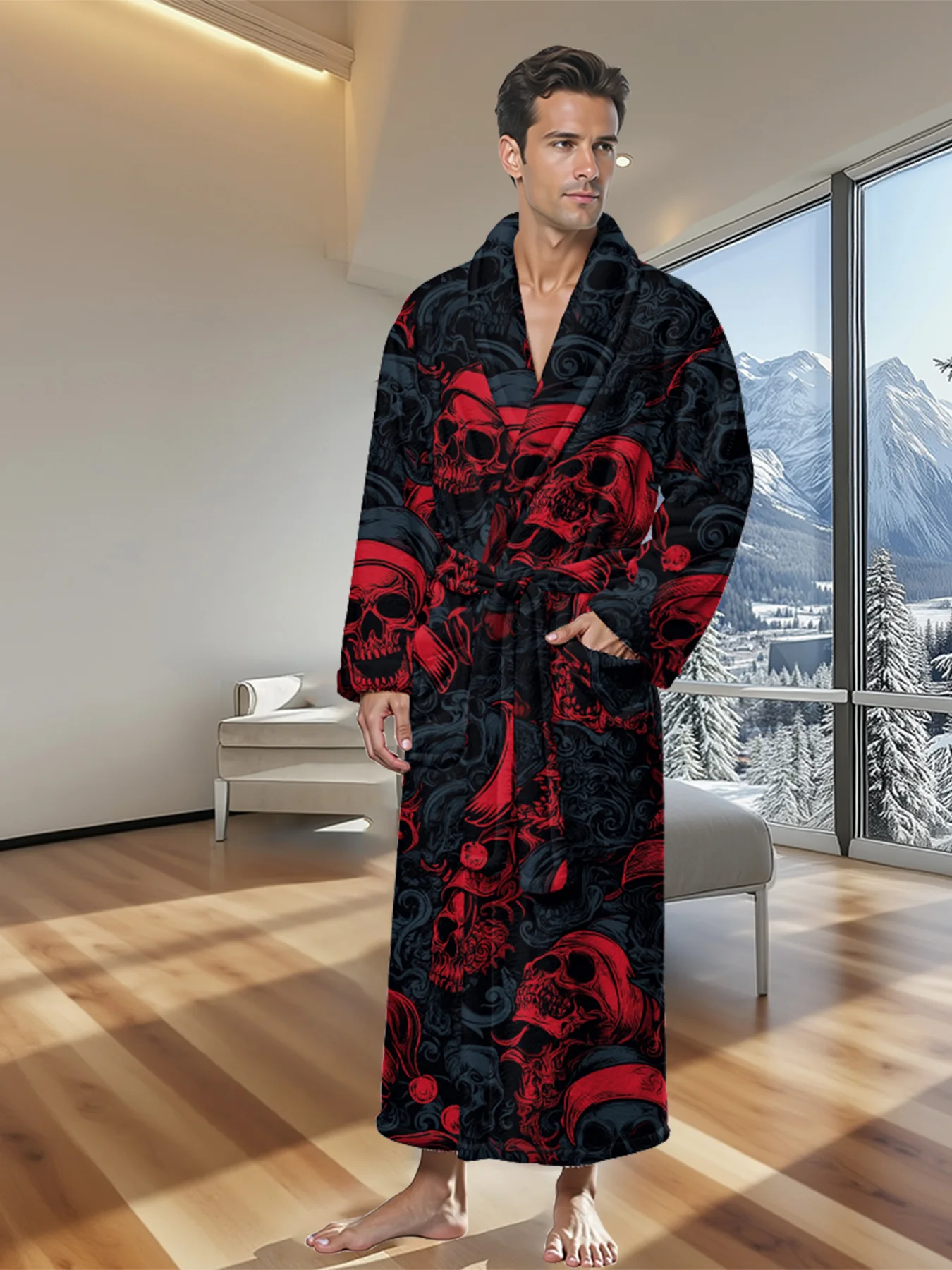 Spooky Halloween Bathrobe with Expressive Ghosts Bats Pumpkin Faces Prints Long-Length Tie-Waist Sleepwear Warm Loungewear