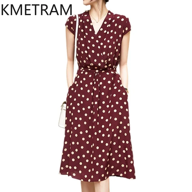 

KMETRAM Mulberry Silk Tea Break Dresses for Women Summer Polka Dot Hepburn Dress French Style Wine Red Clothing Robe Femme Été