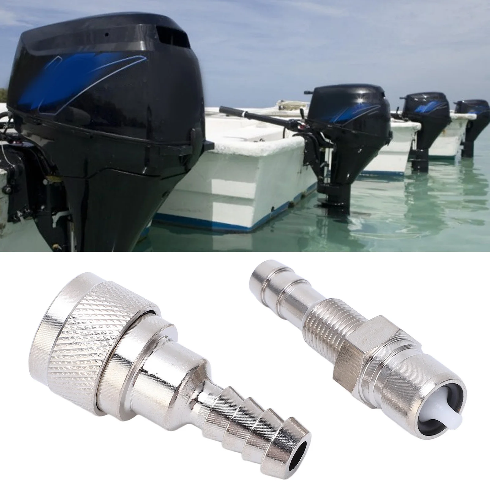 Metal alloy outboard fuel connector, suitable for multiple Tohatsu engine models.Comes in pairs and is designed for fuel systems