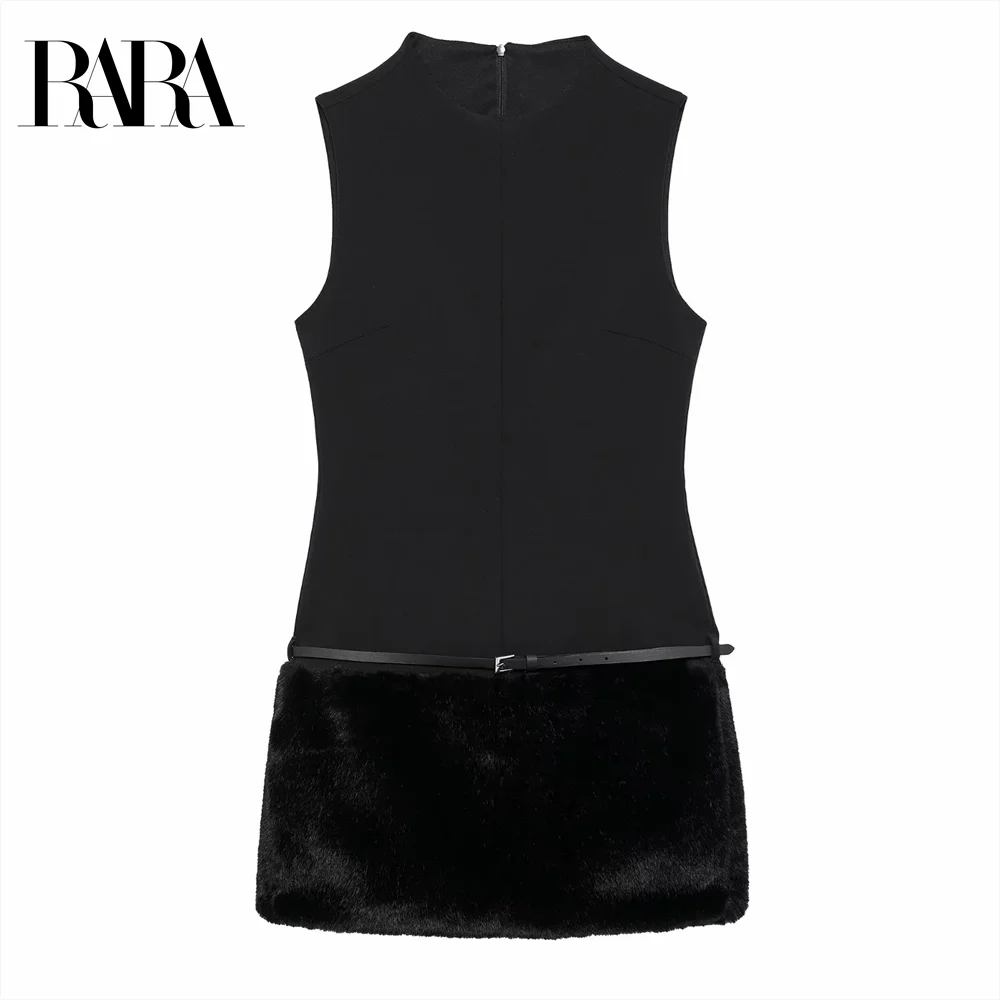 2024 RARA with belt plush effect sleeveless loose design dress short skirt women's little black dress