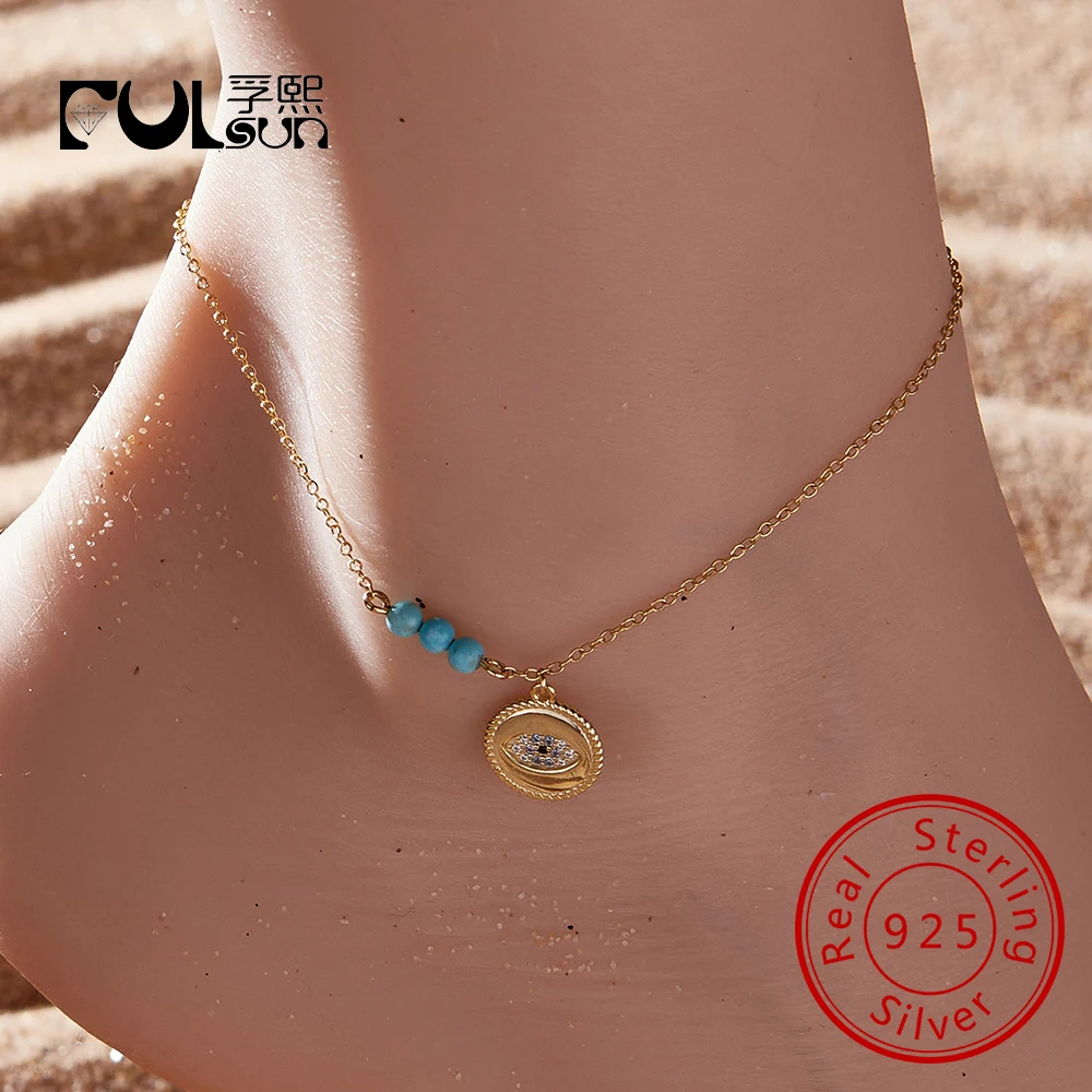 

INS Fine Jewelry 14k Gold Plated Bohemia Beach Turquoise Beaded Anklet 925 Sterling Silver Devil's Eye Anklets for Women