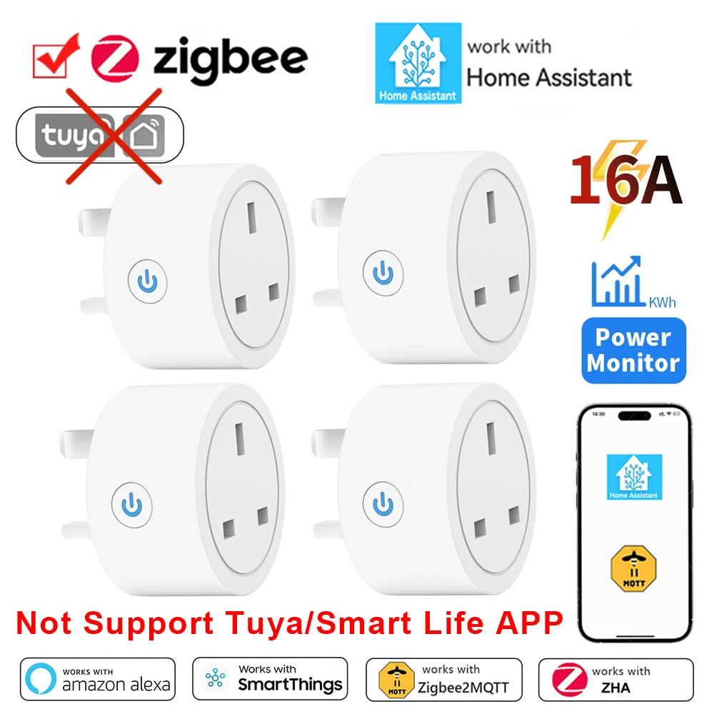 Tuya ZigBee Smart Plug 16A Smart Home Outlet UK Socket with Power Monitor Timing Function Voice Control Support Alexa Hey Google