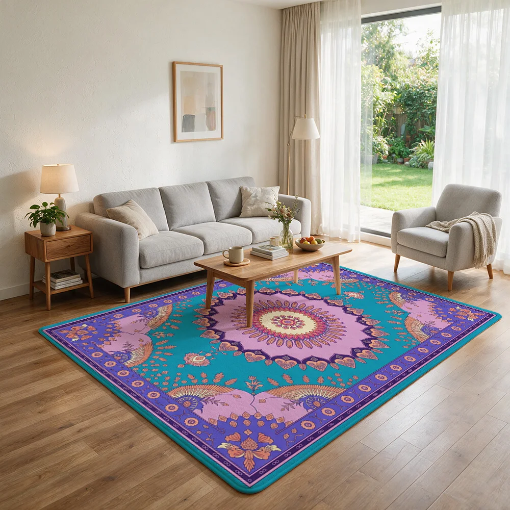 Blue Ethnic Mandala Flannel Non-Slip Floor Mat Soft Plush Rug Water Absorbent Bath Rug Entryway Floor Carpet Living Room Rug