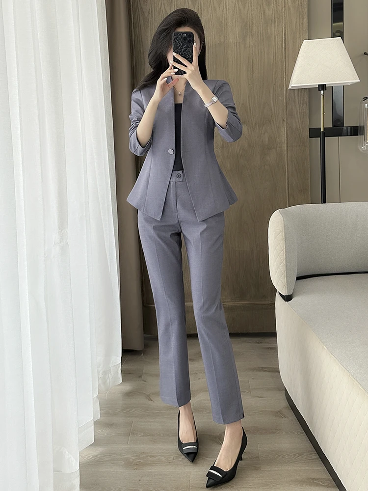 Gray Suit Set Women's Spring Autumn Professional High-End Formal Workwear Hotel Jewelry Store Uniform Commute Style Slim Fit