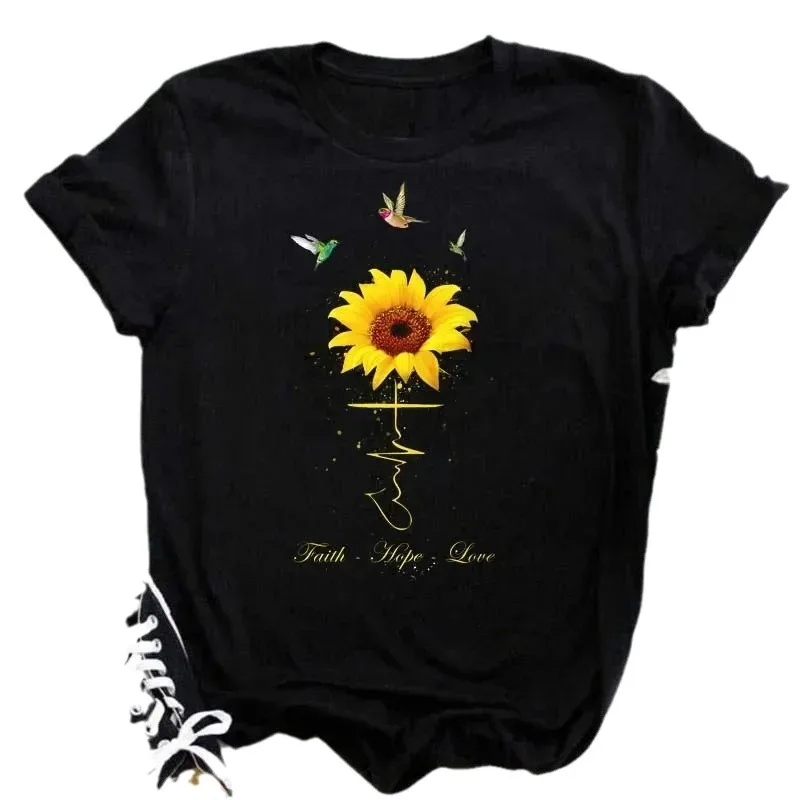 COTTON 100% Casual Cute Sunflower Butterfly Print T-shirt Comfortable Women\'s Black Top Oversized T Shirt  Graphic Tshirts