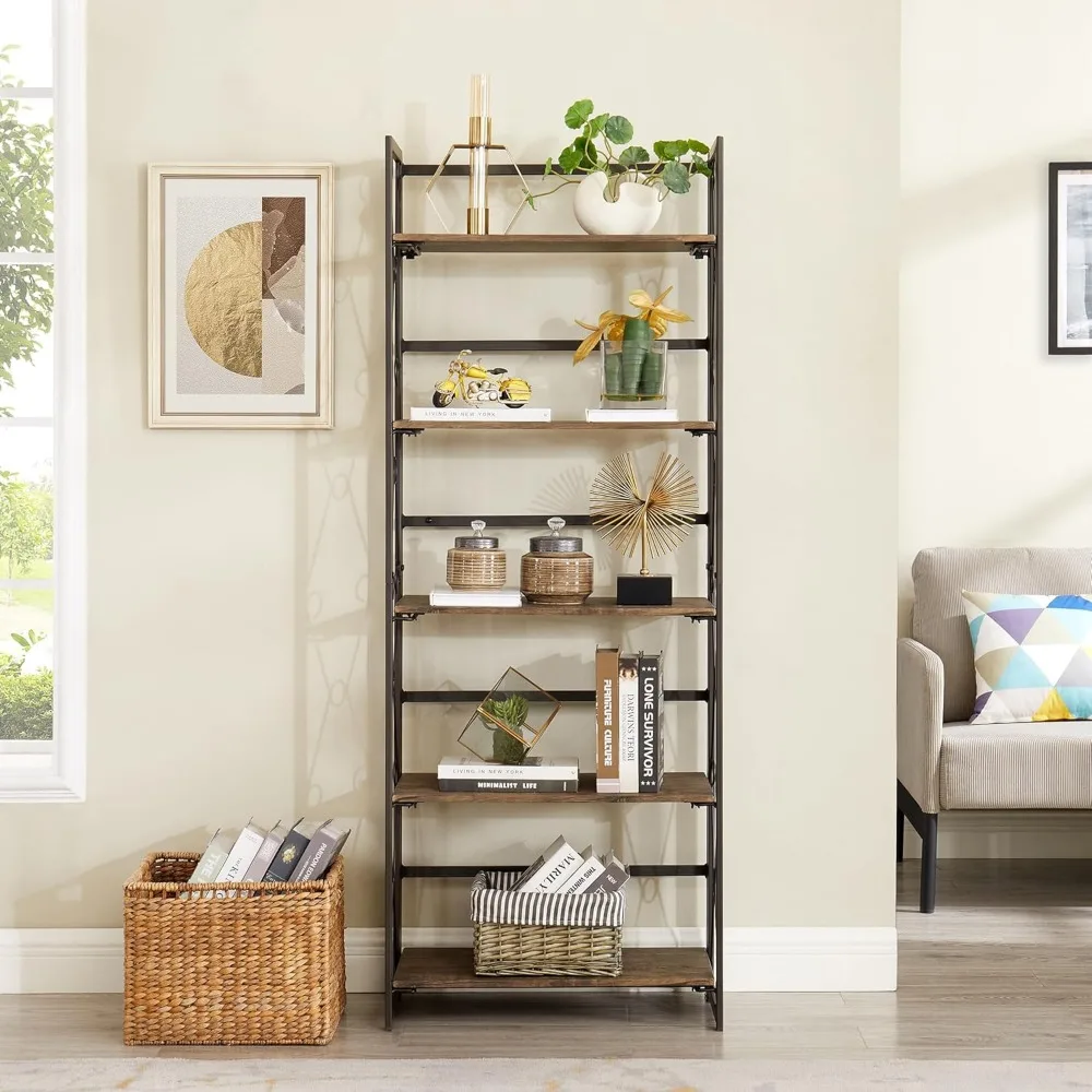 خزانة كتب مكونة من 5 طبقات قابلة للطي، منظم تخزين رف كتب صناعي طويل القامة مع إطار معدني قابل للطي، بني فاتح، مجموعة واحدة