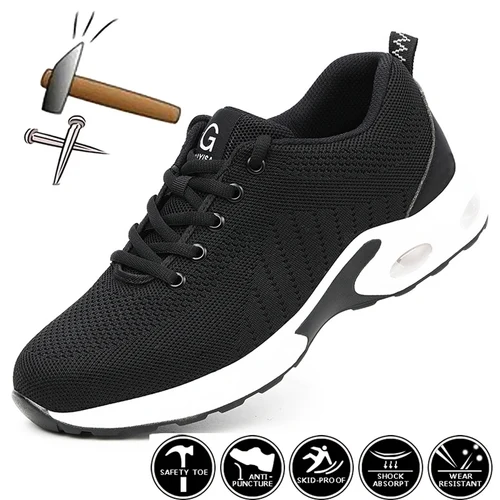 Imagen 2 del producto Zapatos de seguridad para el trabajo con cojín de aire para hombre, zapatillas de trabajo transpirables, zapatos con punta de acero, zapatos protectores de seguridad antipinchazos, verano