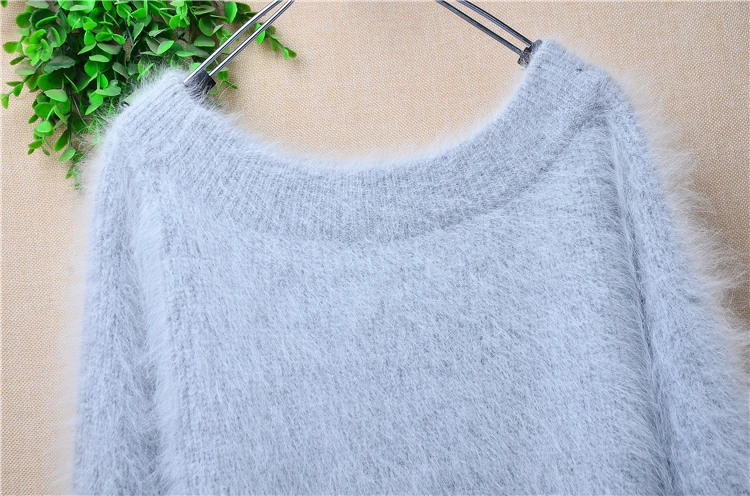 Ladies Women Fall Winter Clothing Grey Hairy Angora Rabbit Hair Knitted Slash Neck Three Quarter Sleeves Loose Pullover Sweater