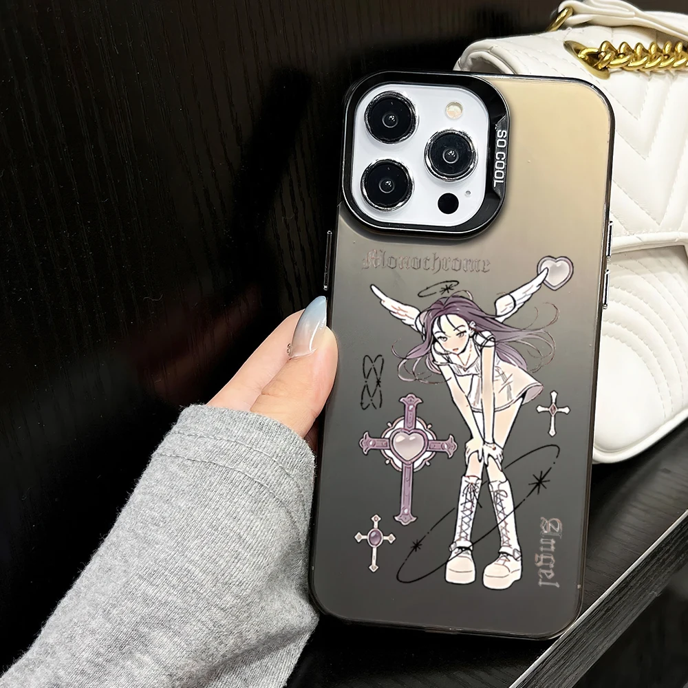 Anime Angel Girl Cross Cool Love Phone Case for iPhone 16 12 13 14 15 11 Max Pro Plus Laser IMD Color Shell