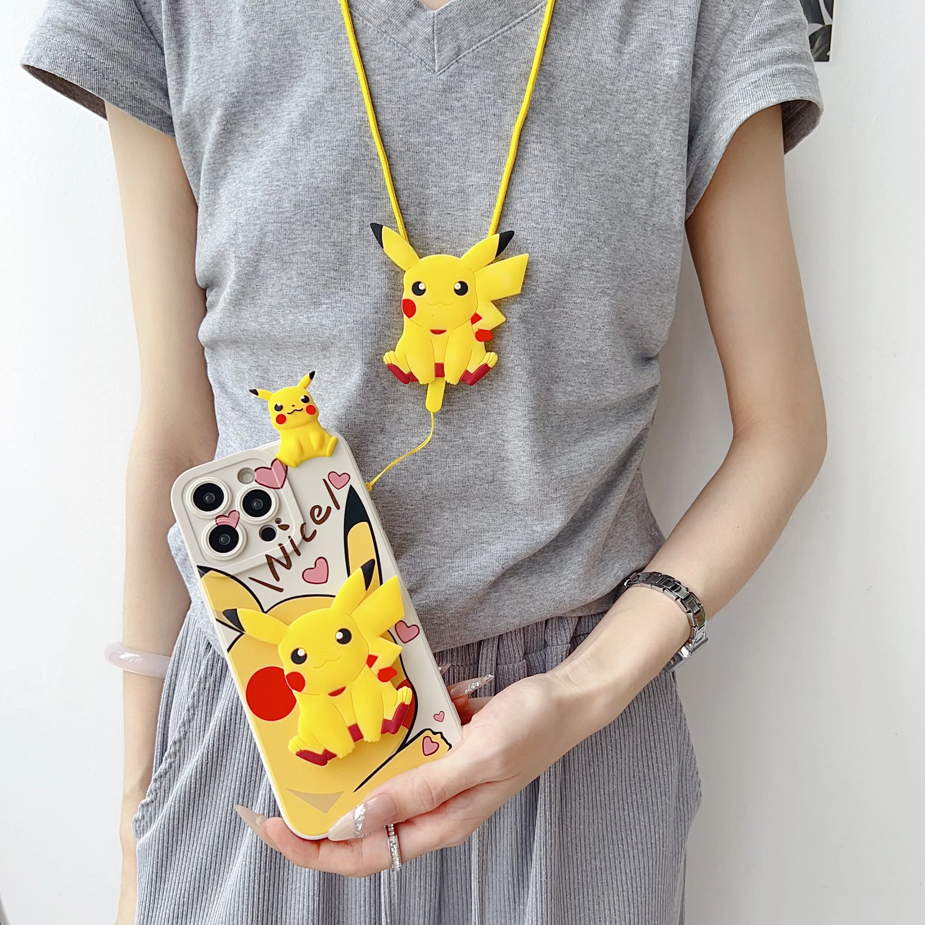 For Vivo Y15s Y17s Y15A Y76 Y35 Y22 Y16 Y02s Y78 Y27 V25 V25Pro V27 Y28 Y38 V30E Cartoon Pika Case With Holder Rope