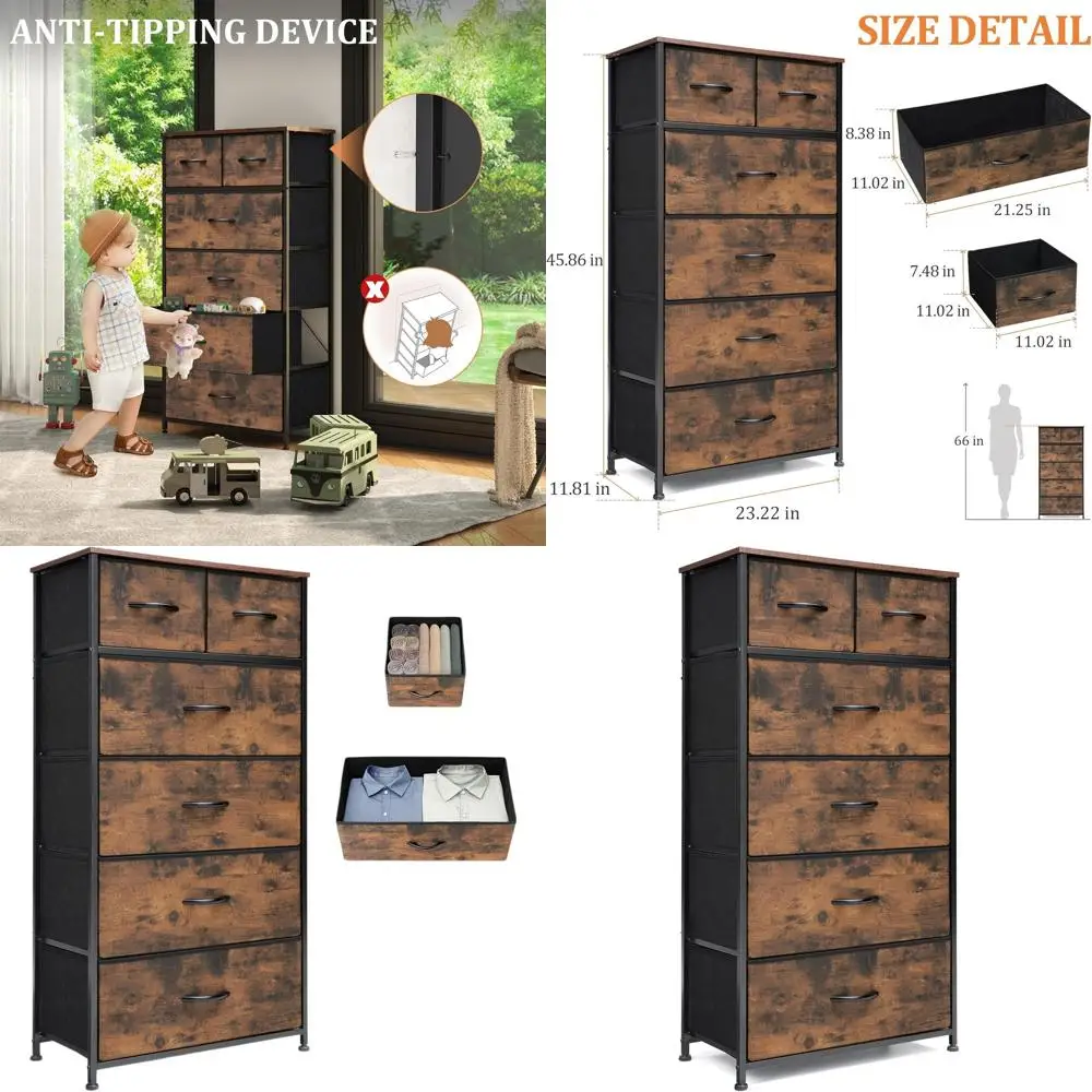 6-Tier Tall Skinny Storage Organizer Tower with Wooden Top for Bedroom, Closet, Living Room, and Hallway in Rustic Brown