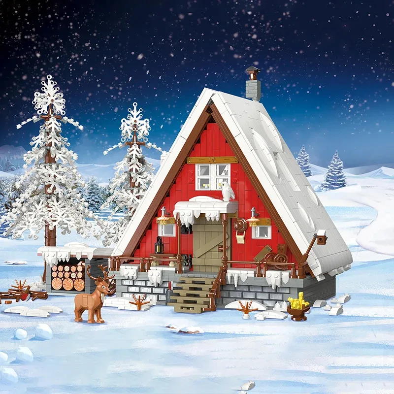 NEW 2025 Christmas Street view House Santa Cabin Model Building Blocks Bricks Snow Winter Forest Modular Architecture Toys Gifts