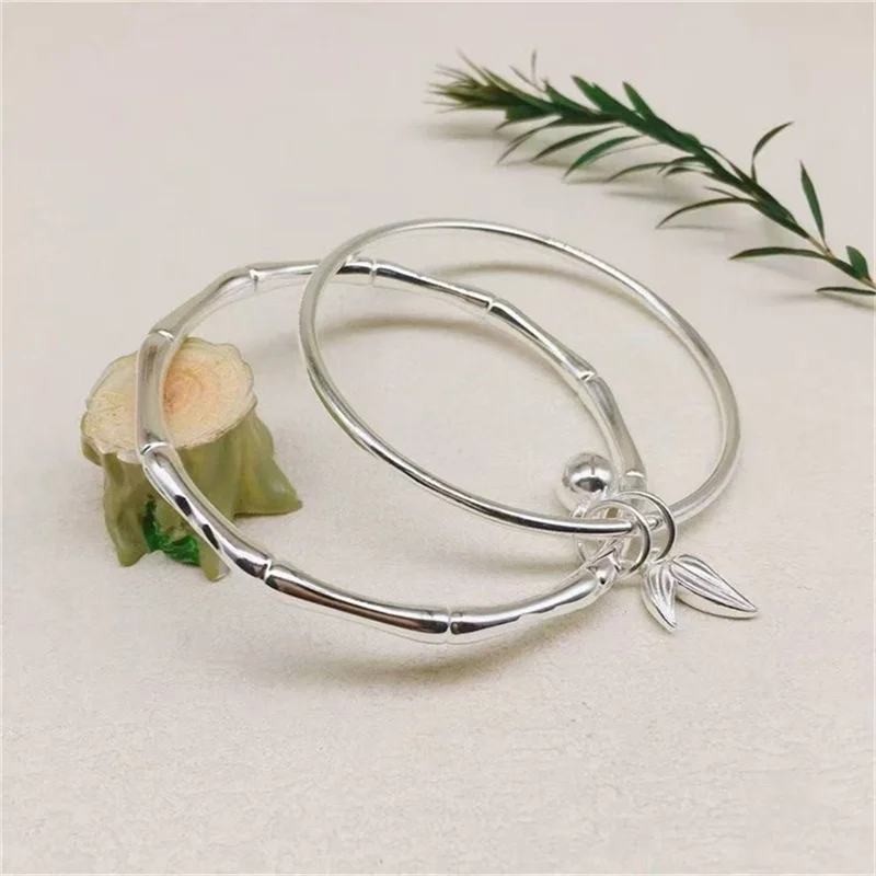999 Sterling Silver Ladies Double Bangle Set Bamboo Texture With Mini Ball Twin Bamboo Leaf Charm Fashion Stack Jewelry