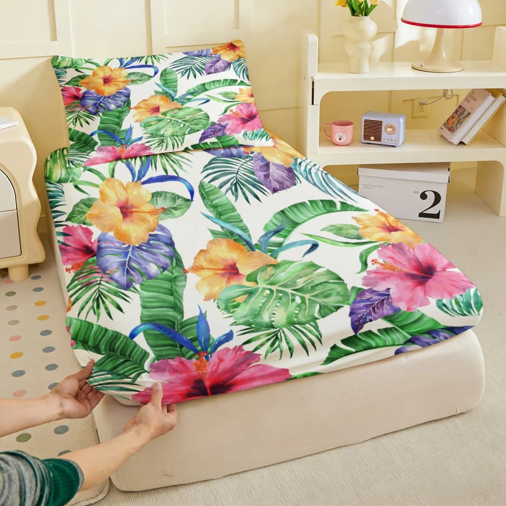 1pc Watercolor Tropical Hibiscus Print Fitted Sheet Deep Pocket Elastic Mattress Cover Single Double Queen King Bedroom Decor