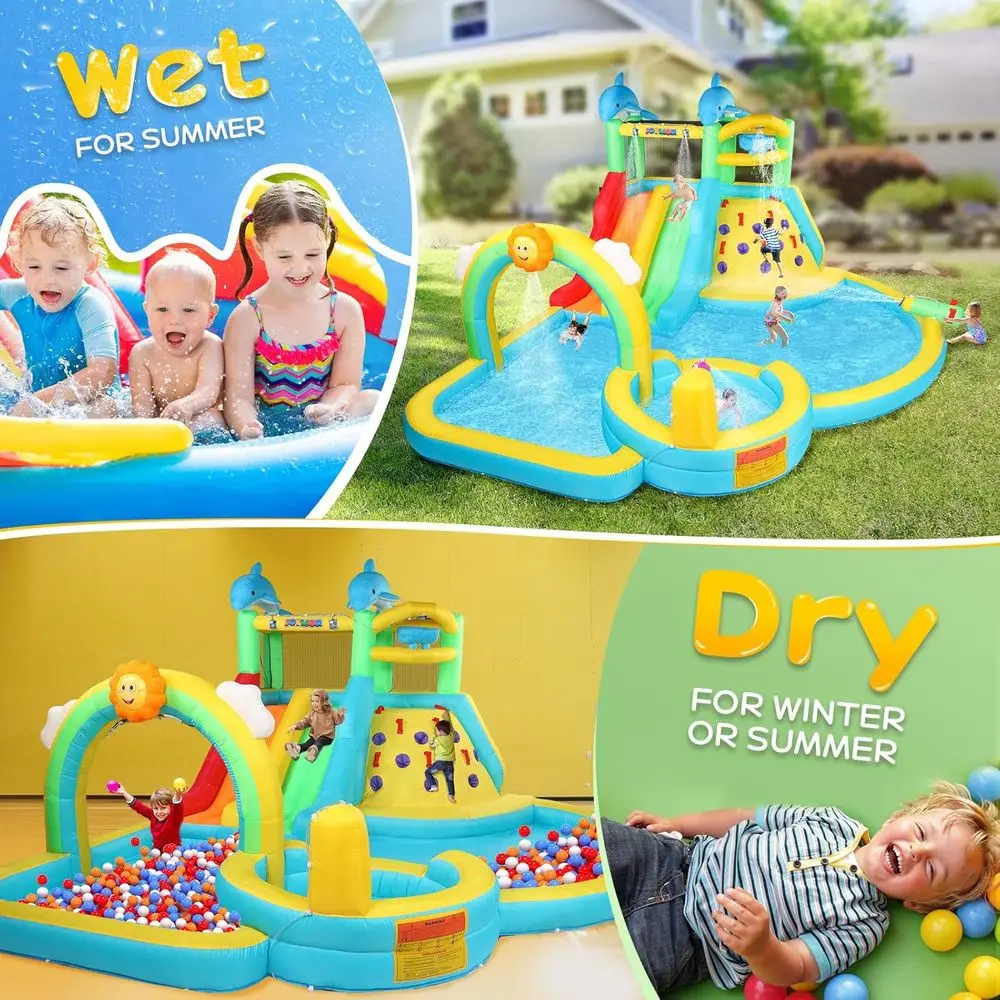 JOYMOR 10-in-1 aufblasbarer Wasserpark mit Rutsche, Klettern, Pool und Sprinklern für Kinder, schneller Aufbau mit leistungsstarkem Gebläse