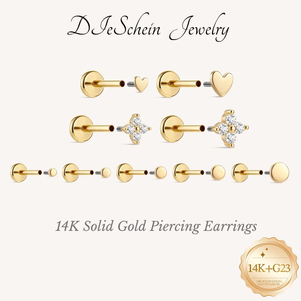 DIeSchein Women 14K Solid Gold Flat Back Earrings Star/Round Hypoallergenic Stud Earrings Gold for Piercing Cartilage Earring