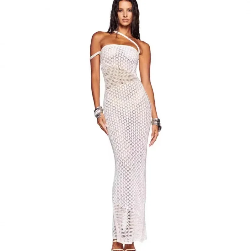 

Iamgias Knit Perforated Asymmetric Crochet Cutout Resort Style Sheath Dress Strapless Knit Dresses