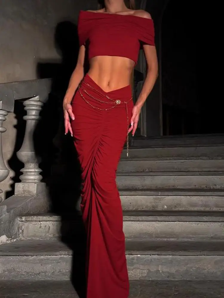 

Solid Color Pleated Backless Sexy Twopiece Set 2024 Off Shoulder Maxi Skirt Women Sets Elegant Evening Party 2 Pieces