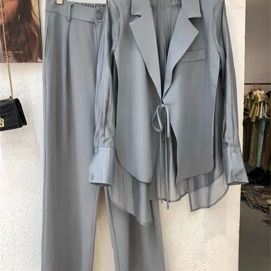 Summer New Hollow Sun Protection Chiffon Shirt Blazer Wide Leg Pants Two Piece Set Elegant Women\'s Pants Set Office Outfits