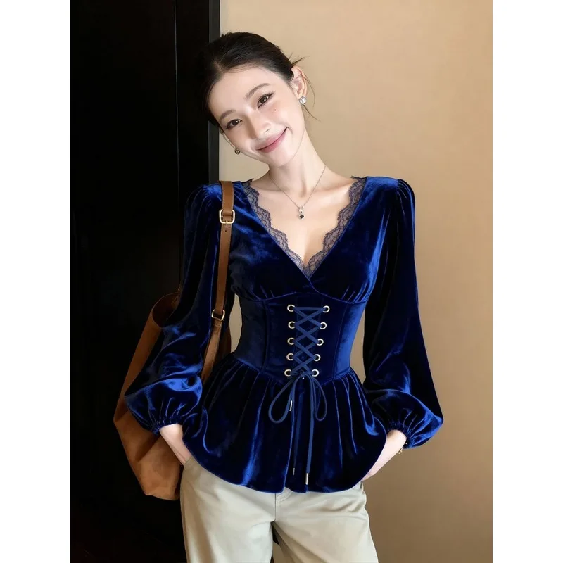 

Women's Autumn Spring Blouse Shirt Lace Patchwork Corset Ruffles Elegance Comfort Minimalist Casual Niche Versatile Fashionable
