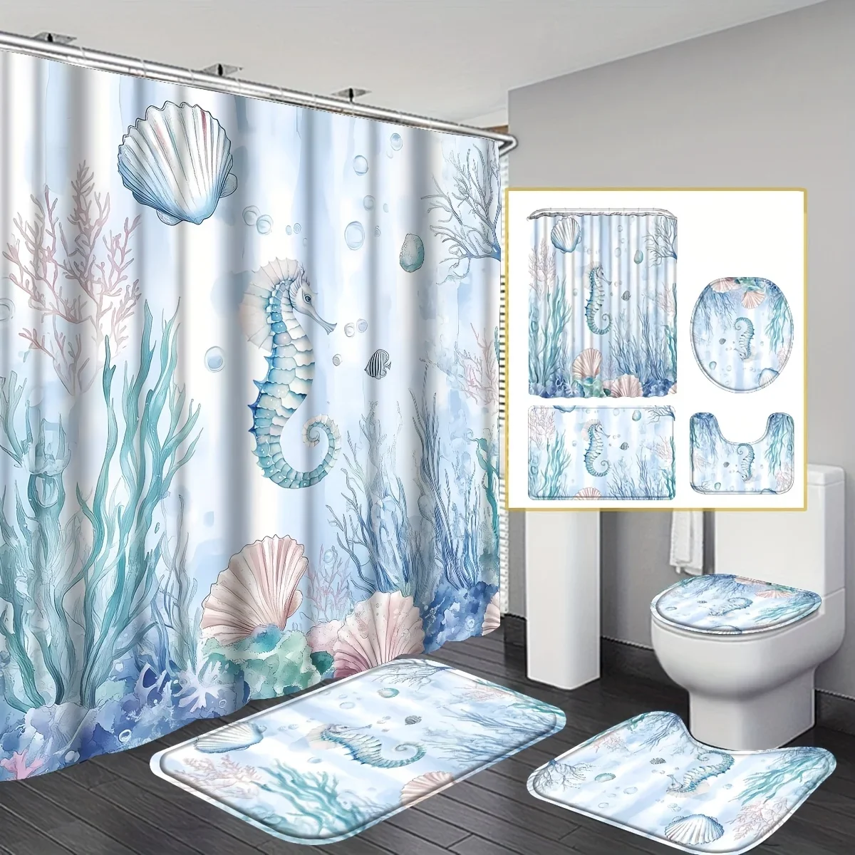 

4-piece Nautical Coast Seahorse Shower Curtain Set, Shell Coral Fish Bathroom Set includes shower curtain, rug with hooks