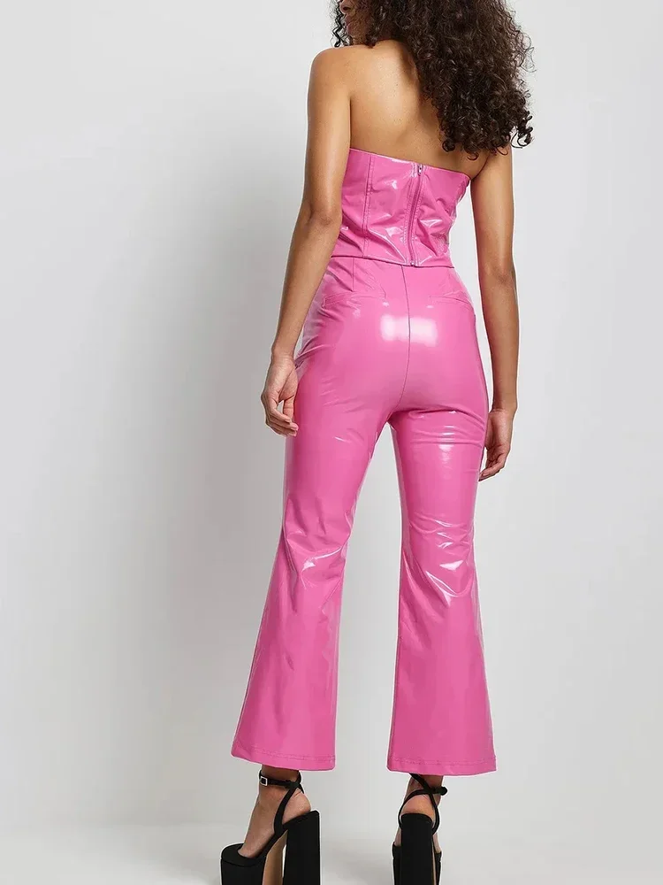 

Винтажные брюки-клеш с высокой талией для женщин, брюки-клеш из искусственного латекса, тонкие блестящие укороченные брюки из лакированной кожи, настраиваемые женские брюки F