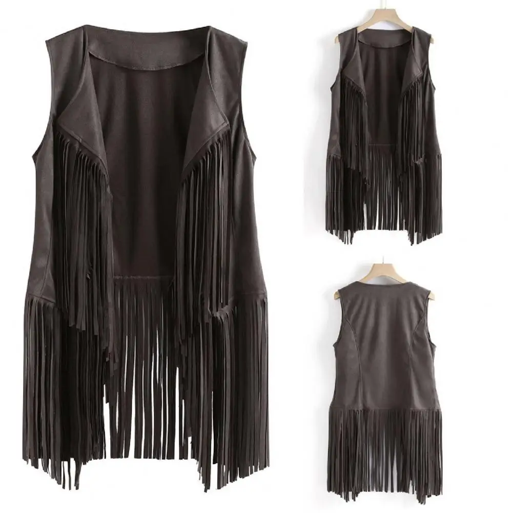 Women's Fringed Vest Jacket Fashion Fall Winter Suede Ethnic Sleeveless Fringed Vest Cardigan Vintage Faux Tassel Coat Coffee