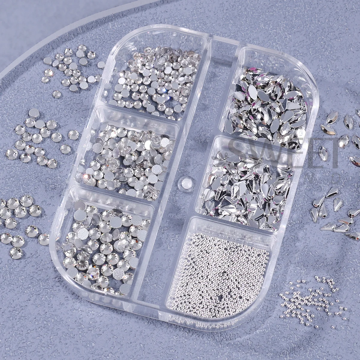 ตกแต่งเล็บลายเกล็ดหิมะเพชร 6 ช่อง ลูกบอลเหล็กคาเวียร์ พลอยติดหลังแบน ดีไซน์เครื่องประดับคริสต์มาส ฤดูหนาว ประดับคริสตัลวิบวับ