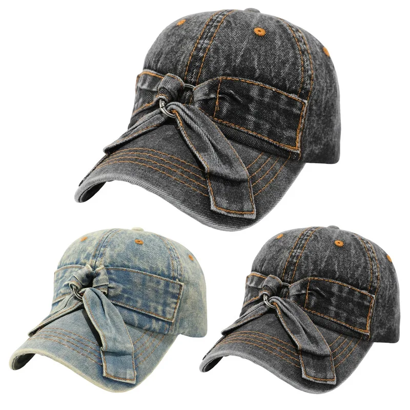 Washed distressed denim bow baseball cap for women, Korean style, oversized and deepened, thin sun protection cap for men