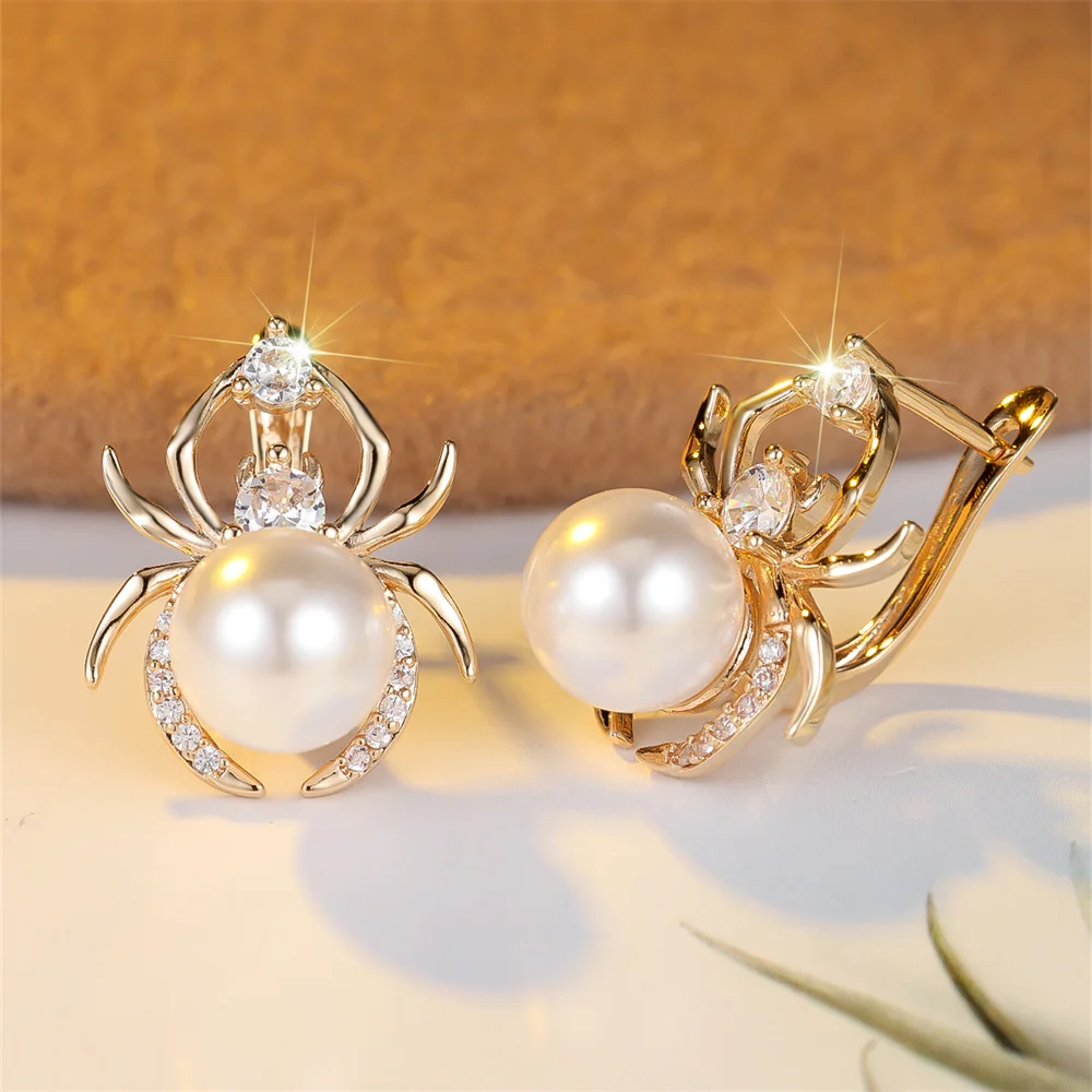 White Zircon Spider Hoop Earrings For Women Vintage Gold Color Ear Buckle Wedding Jewelry