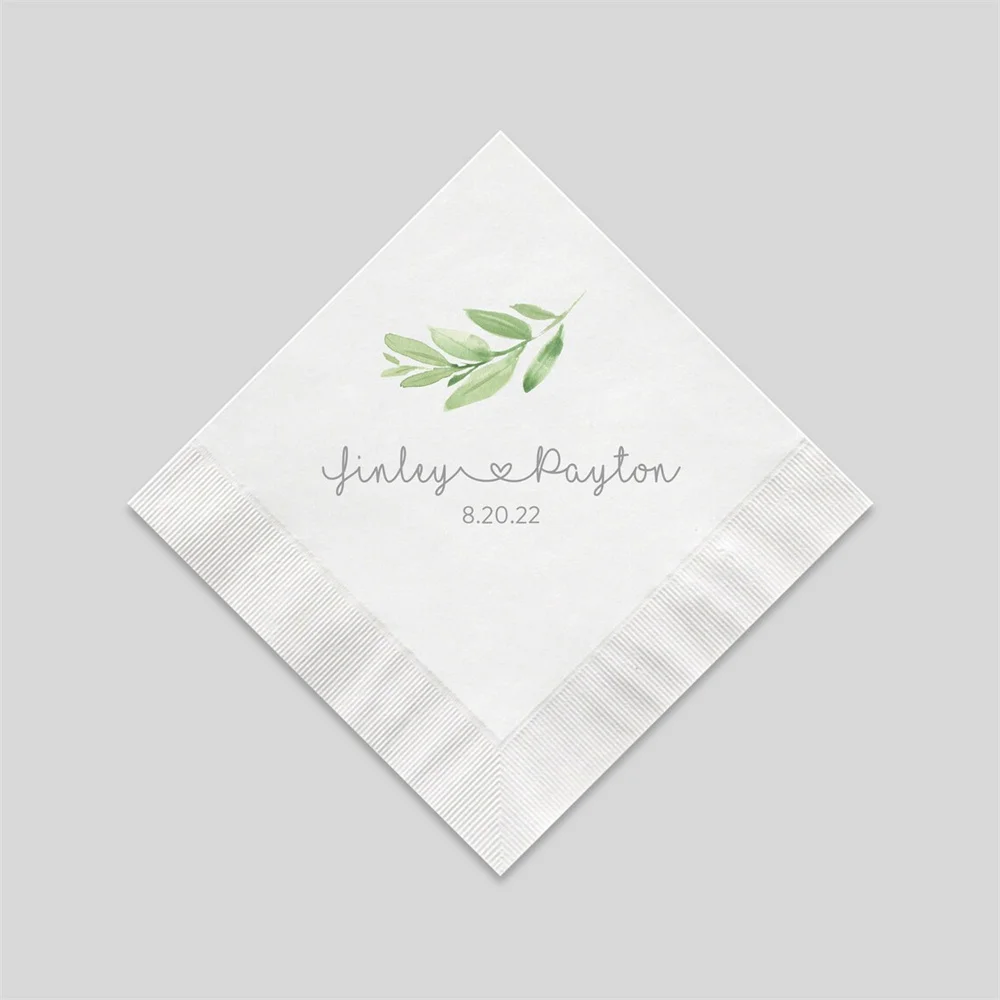 50PCS  Personalized Greenery Wedding Cocktail Napkins, 3 Ply White Beverage Napkins For Your Party, Luncheon Napkins also Availa