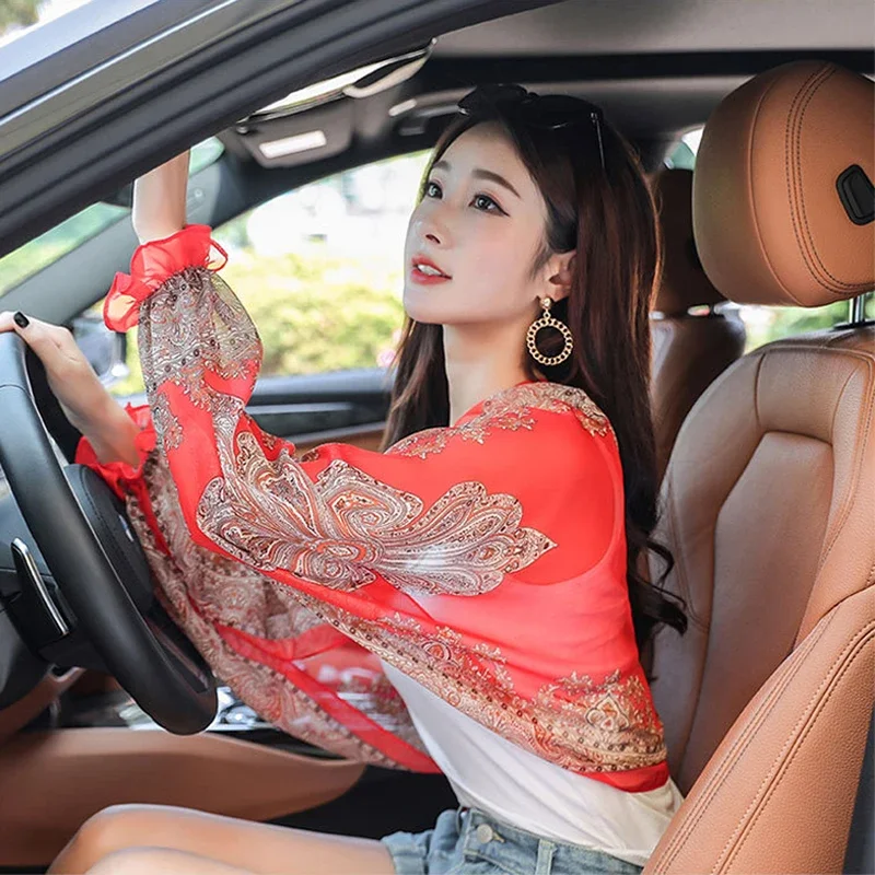 Spring Summer Chiffon Sunscreen Fake Collar Clothing Shawl Outdoor Riding Cashew Printing Sun Protection Sleeves Silk Scarf Wrap