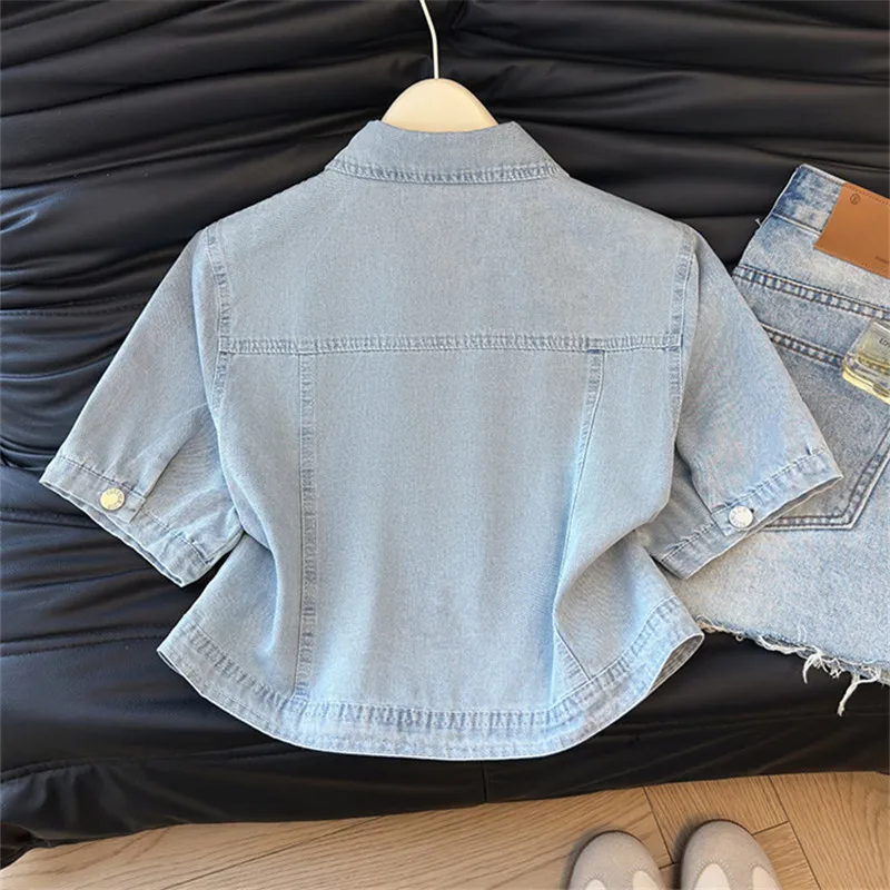 Vintage Light Blue Denim Jacket Summer Women Slim Thin Short Cowboy Outerwear Lace Decoration Lapel Short Sleeve Jeans Jackets