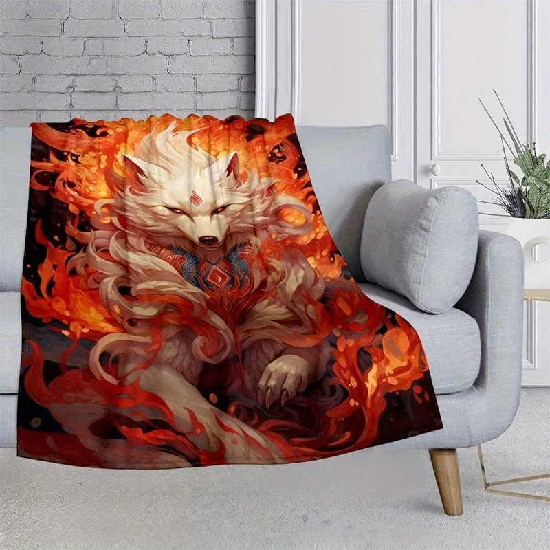 Fox Spirit Fire Demon Blanket Anime Mythical Creature Art Design Soft Fleece Throw Home Decor Gift For Anime Fans130x150
