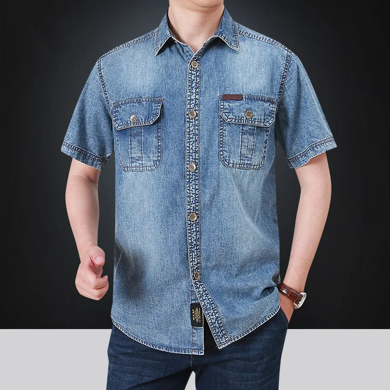 Military Denim Shirts Men Summer Casual Short Sleeve Cargo Cowboy Shirt Male Big Size 5XL Washed Blue Army Shirts Chemise Homme