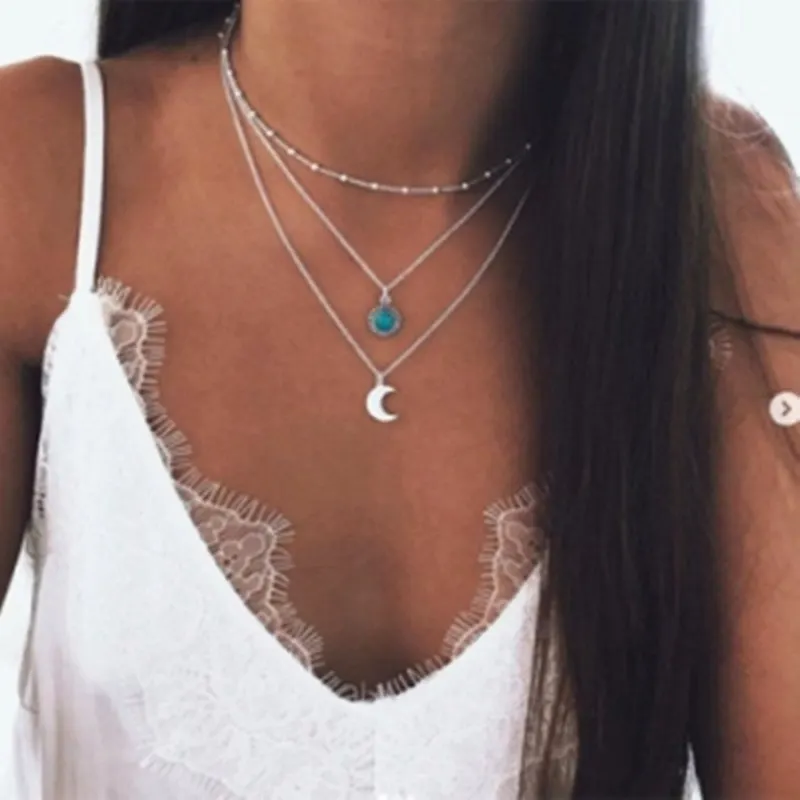 2026 New Fashion Moon Three-layer Multi-layer Necklace Female Jewelry Wholesale Summer Gifts Bohemian Pop Jewelry