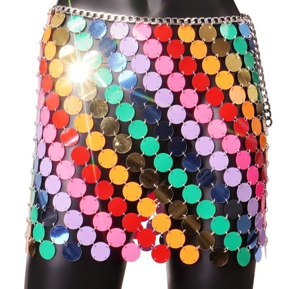 Disc Sequined Mini Skirt Metallic Chain Sexy Waist Chain Skirt Disc Festival Rave Skirts Women