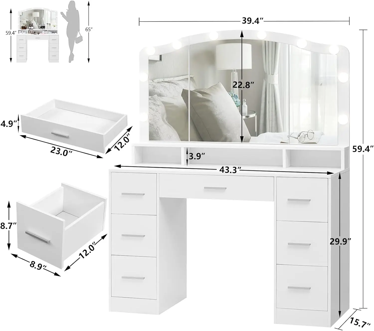 Scrivania da trucco da 43.3 "con grande specchio illuminato, tavolo da trucco con 7 cassetti e 10 lampadine, 3 colori di illuminazione