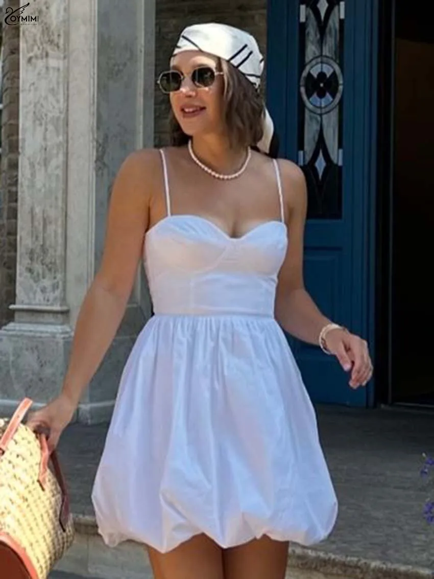

Oymimi Summer White Cotton Dresses 2025 Woman Casual Spaghetti Strap High Waisted Dresses Fashion Pleated Mini Dress Streetwear
