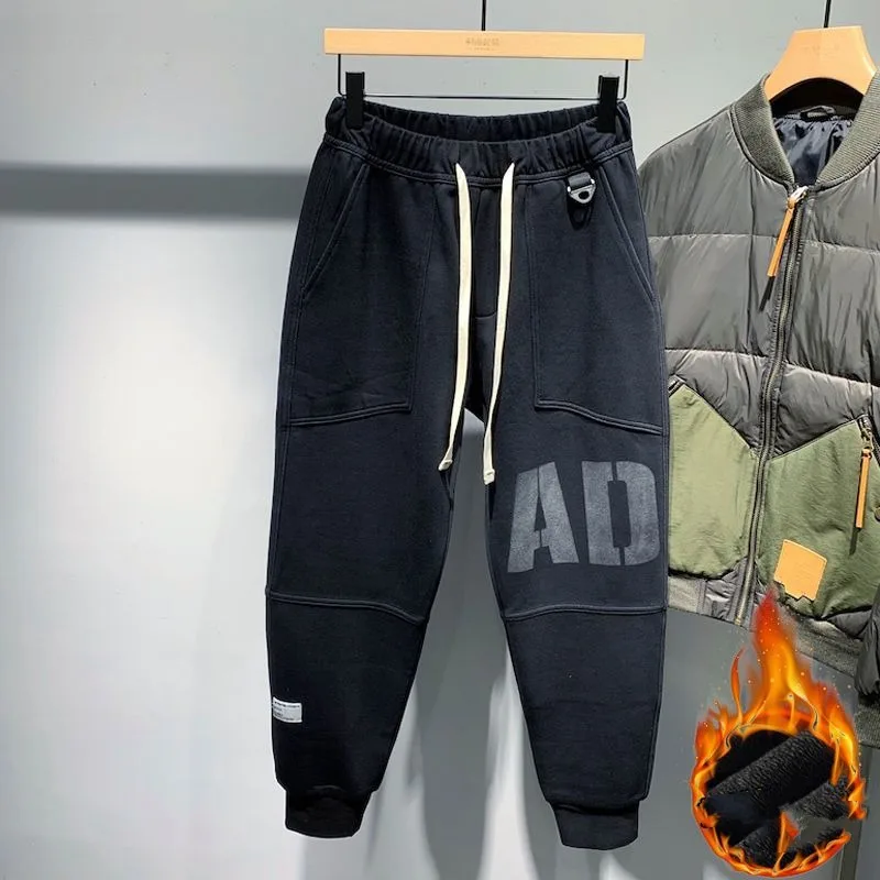 Autumn Winter Solid Color Student Men's Elastic Waist Drawstring New Korean Style Trendy Letter Pockets Harlan Casual Sweatpants
