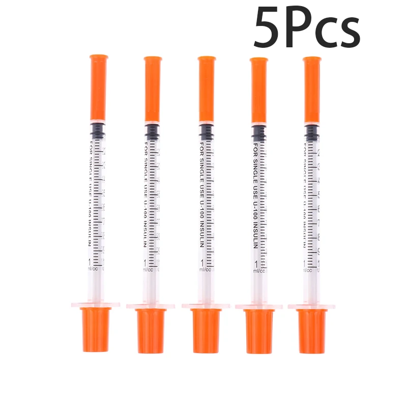 5Pcs 0.3/0.5/1ML Disposable Plastic Veterinary Syringe Orange Cap Sterile Insulin Syringe With Needles For Pet Farm Animal