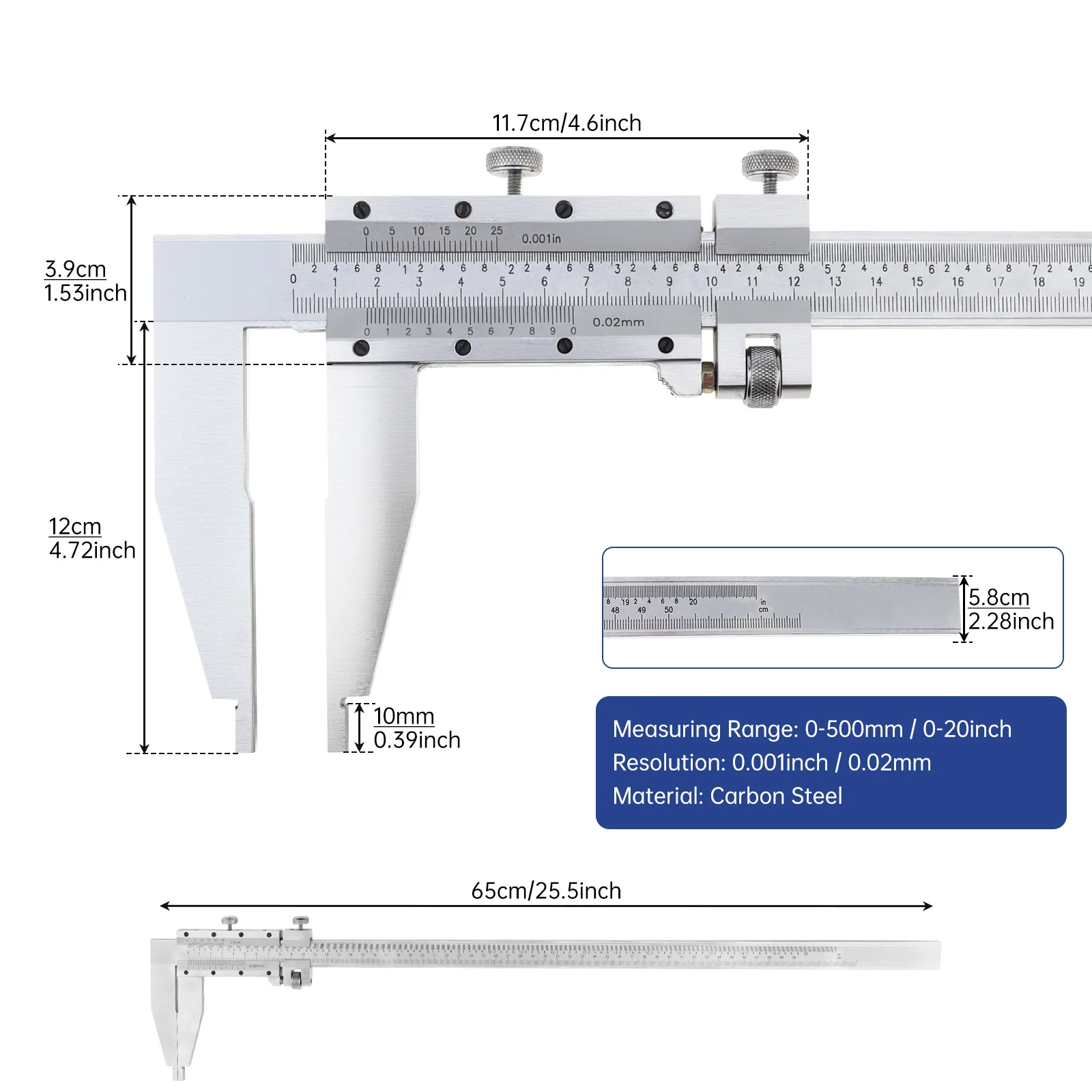 Heavy Duty 0-500 mm (0-20 inch) 0-600mm (0-24 inch) Metric &Imperial Double Scales Carbon Steel Vernier Caliper with Plastic Box