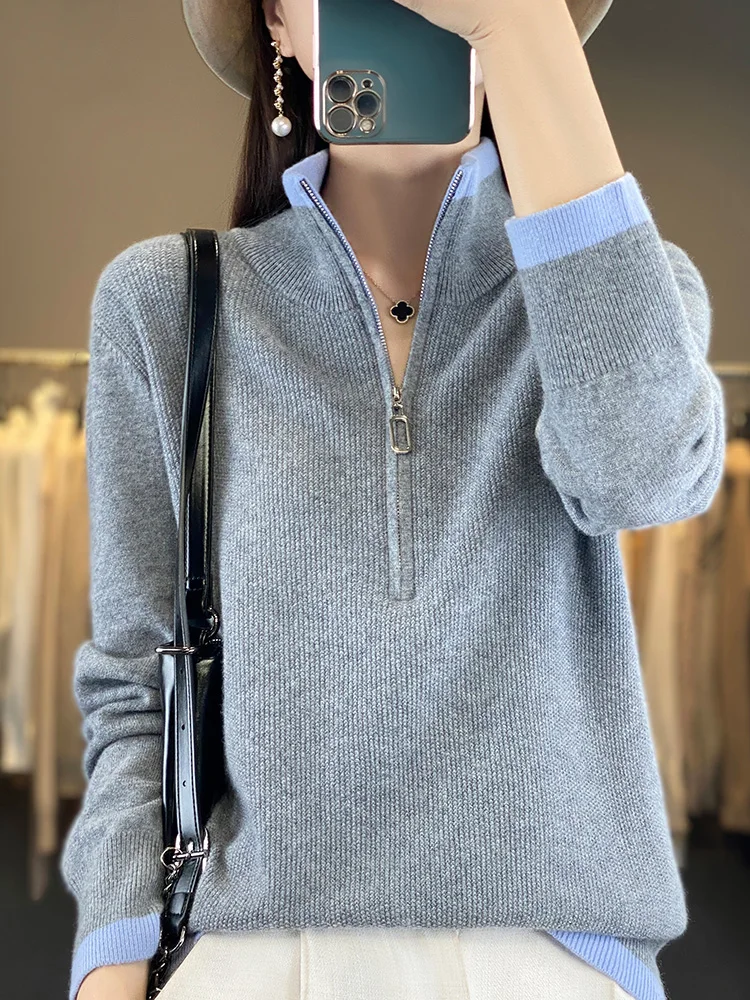 Fashion Women Zipper Mock-neck Pullover 100% Merino Wool Sweater Autumn Winter Casual Warm Color Knitwear Jumper Clothing